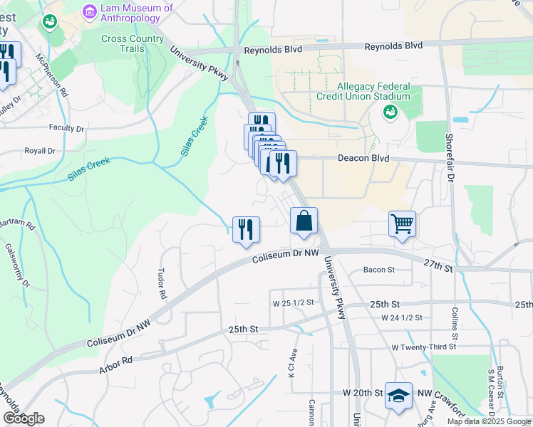 map of restaurants, bars, coffee shops, grocery stores, and more near 621 Gunston Court in Winston-Salem