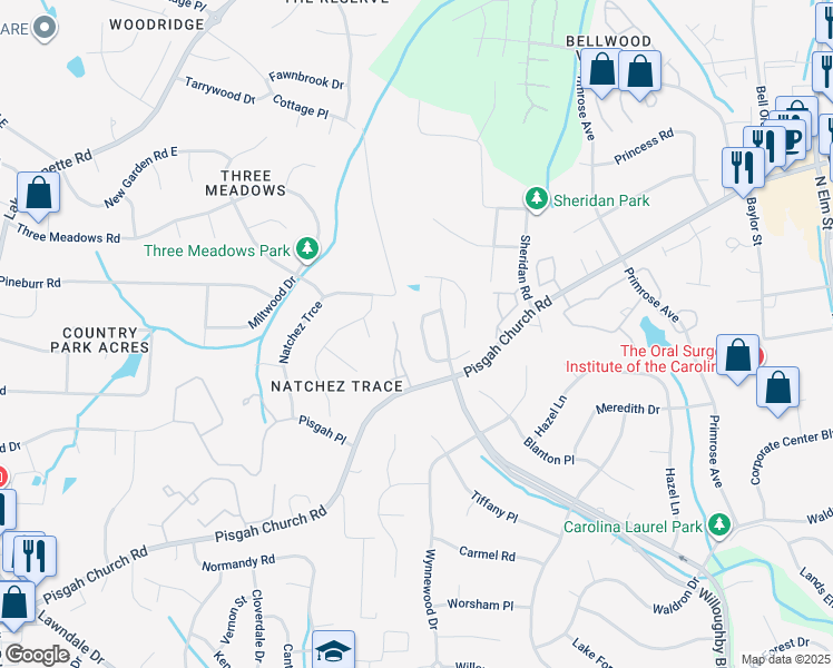 map of restaurants, bars, coffee shops, grocery stores, and more near 3723 Worthing Court in Greensboro