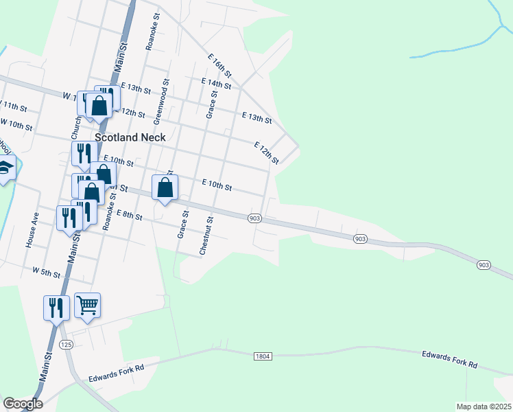 map of restaurants, bars, coffee shops, grocery stores, and more near Ball Park Road in Scotland Neck