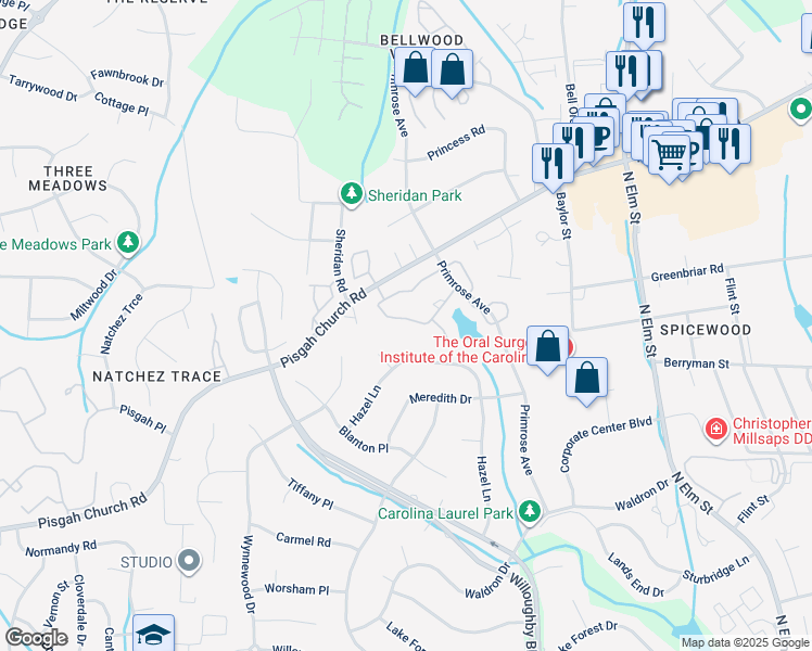 map of restaurants, bars, coffee shops, grocery stores, and more near 15 Park Village Lane in Greensboro