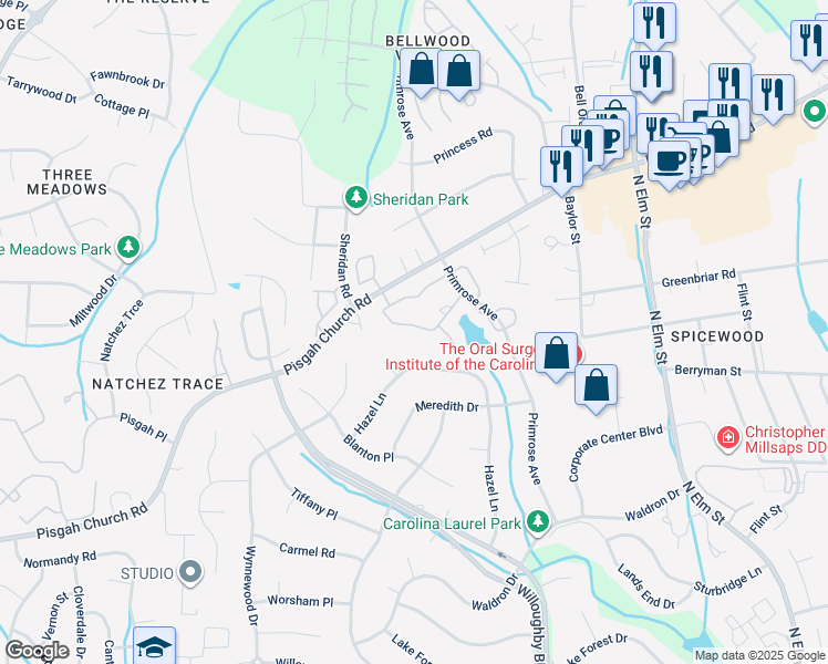 map of restaurants, bars, coffee shops, grocery stores, and more near 15 Park Village Lane in Greensboro