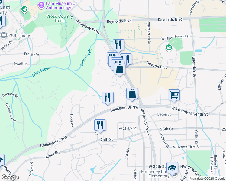 map of restaurants, bars, coffee shops, grocery stores, and more near 2821 Tully Square in Winston-Salem