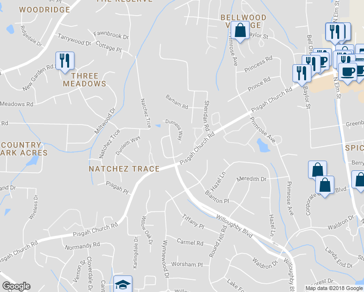 map of restaurants, bars, coffee shops, grocery stores, and more near 3800 Durness Way in Greensboro