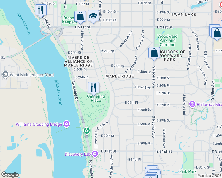 map of restaurants, bars, coffee shops, grocery stores, and more near 2618 South Cincinnati Avenue in Tulsa