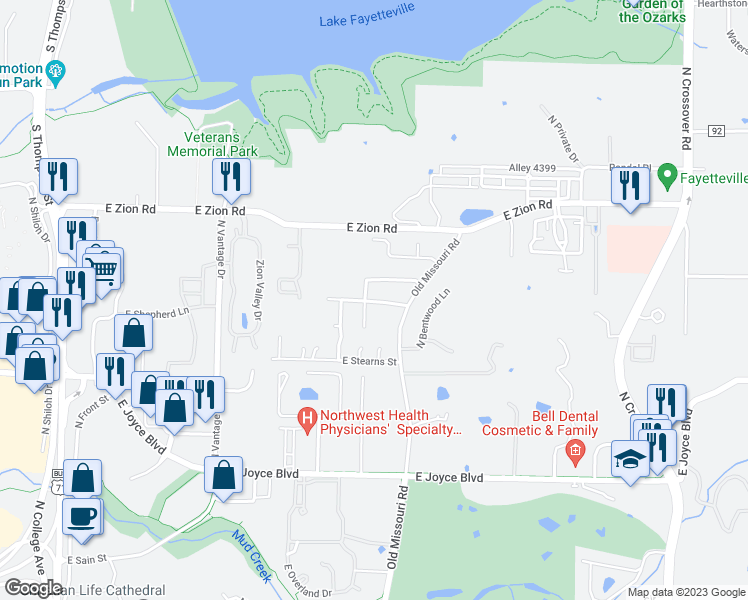 map of restaurants, bars, coffee shops, grocery stores, and more near 2100 Frazier Terrace in Fayetteville