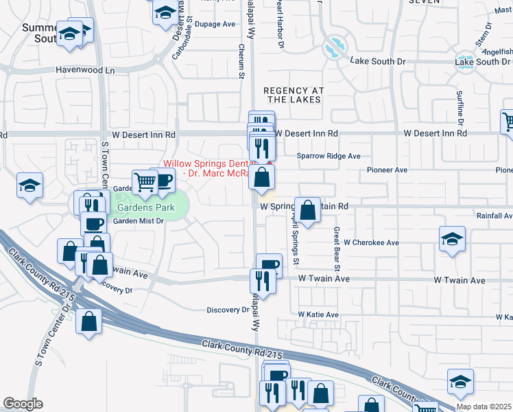 map of restaurants, bars, coffee shops, grocery stores, and more near S Hualapai Way & Spring Mountain Rd in Spring Valley
