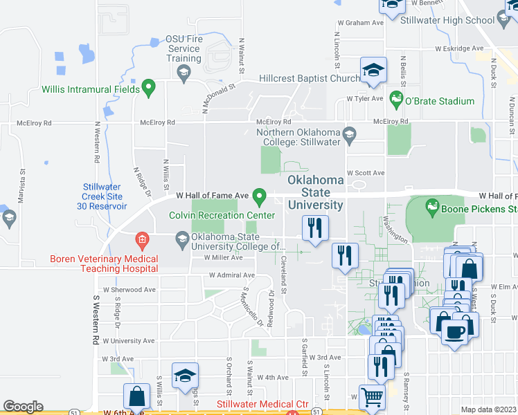 map of restaurants, bars, coffee shops, grocery stores, and more near 101 Colvin Ctr in Stillwater