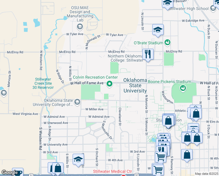 map of restaurants, bars, coffee shops, grocery stores, and more near 101 Colvin Ctr in Stillwater