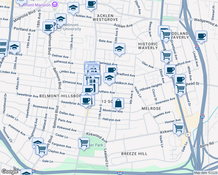 map of restaurants, bars, coffee shops, grocery stores, and more near 2301 10th Avenue South in Nashville