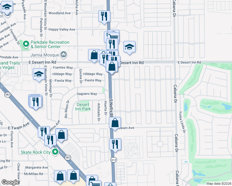 map of restaurants, bars, coffee shops, grocery stores, and more near 3458 Allegheny Drive in Las Vegas