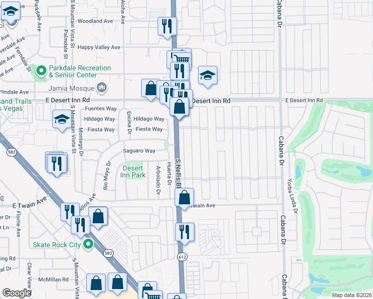map of restaurants, bars, coffee shops, grocery stores, and more near 3458 Allegheny Drive in Las Vegas