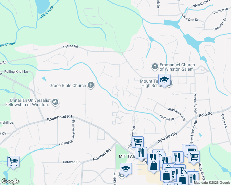 map of restaurants, bars, coffee shops, grocery stores, and more near 3992 Valley Court in Winston-Salem