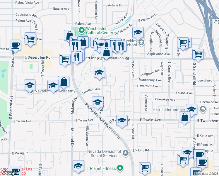 map of restaurants, bars, coffee shops, grocery stores, and more near 3251 Dawnflower Street in Las Vegas