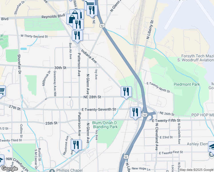 map of restaurants, bars, coffee shops, grocery stores, and more near 2900 Indiana Avenue in Winston-Salem