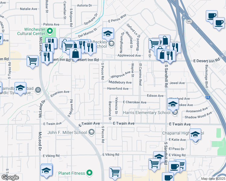 map of restaurants, bars, coffee shops, grocery stores, and more near 3463 Haverford Avenue in Las Vegas