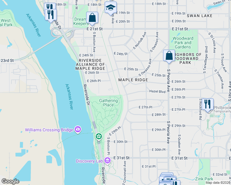 map of restaurants, bars, coffee shops, grocery stores, and more near 142 East 26th Court in Tulsa