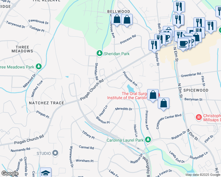map of restaurants, bars, coffee shops, grocery stores, and more near 17 Park Village Lane in Greensboro