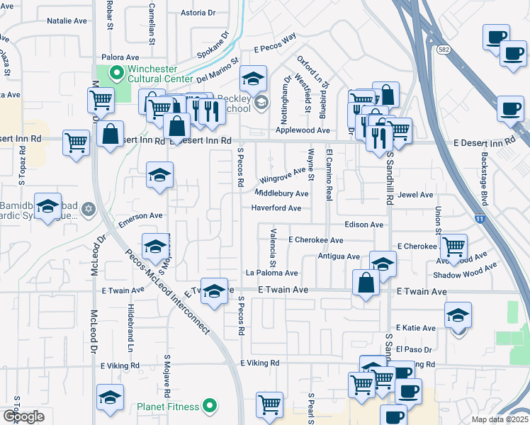 map of restaurants, bars, coffee shops, grocery stores, and more near 3463 Haverford Avenue in Las Vegas