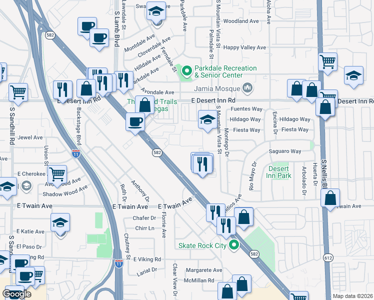 map of restaurants, bars, coffee shops, grocery stores, and more near 4445 Boulder Hwy in Las Vegas