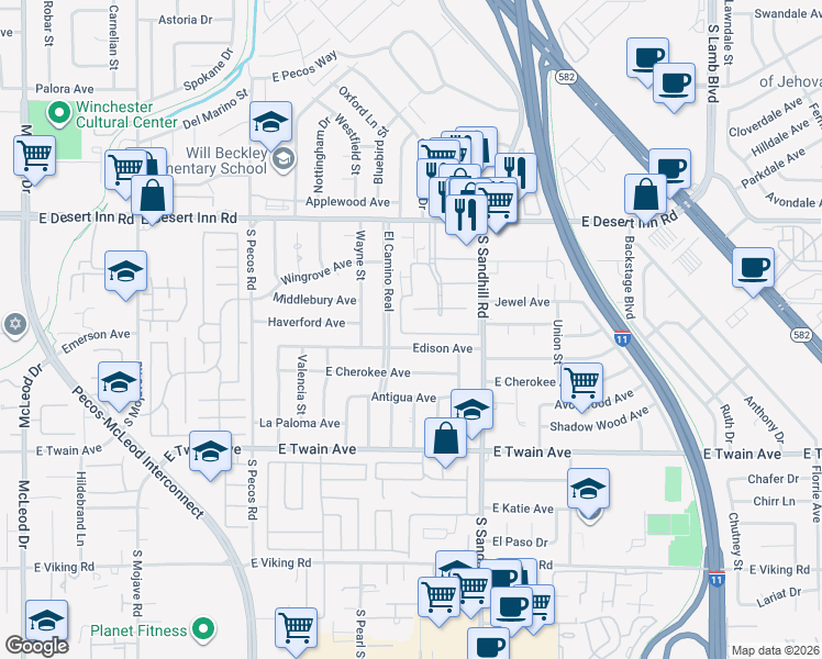 map of restaurants, bars, coffee shops, grocery stores, and more near 3672 Garden Drive in Las Vegas