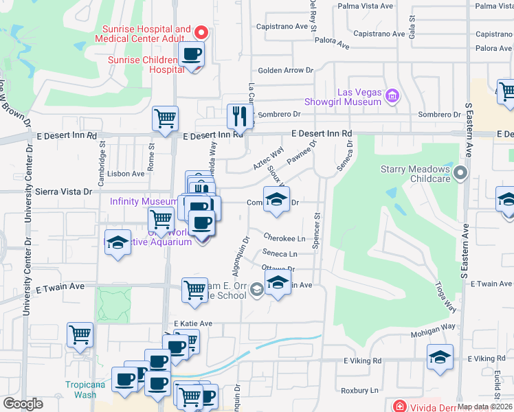 map of restaurants, bars, coffee shops, grocery stores, and more near 3507 Algonquin Drive in Las Vegas