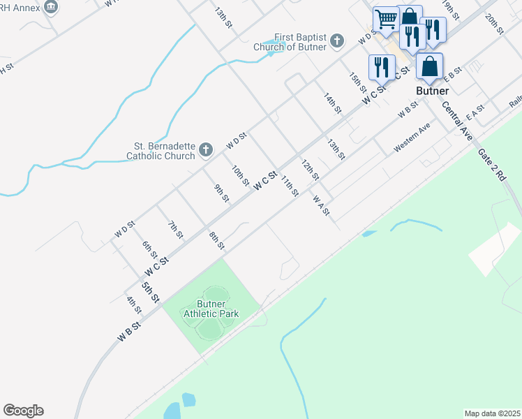 map of restaurants, bars, coffee shops, grocery stores, and more near 704 West B Street in Butner