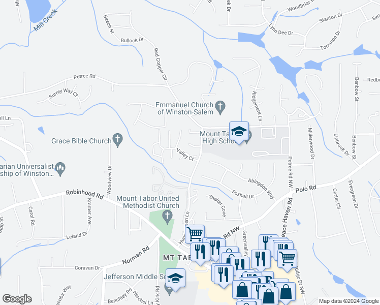 map of restaurants, bars, coffee shops, grocery stores, and more near 3915 Valley Court in Winston-Salem