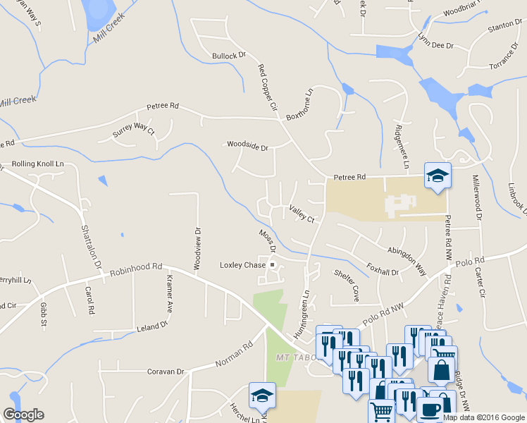 map of restaurants, bars, coffee shops, grocery stores, and more near 3991 Valley Court in Winston-Salem