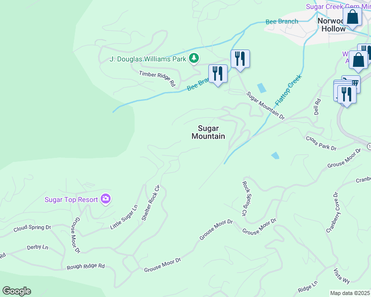 map of restaurants, bars, coffee shops, grocery stores, and more near 328 Skyleaf Drive in Sugar Mountain