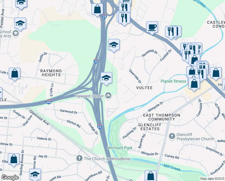 map of restaurants, bars, coffee shops, grocery stores, and more near 295 Plus Park Boulevard in Nashville