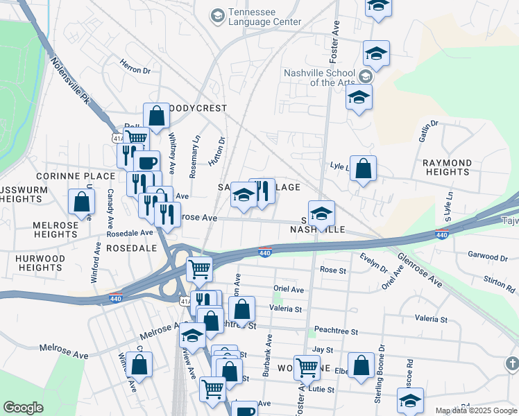 map of restaurants, bars, coffee shops, grocery stores, and more near 2150A Oakland Street in Nashville