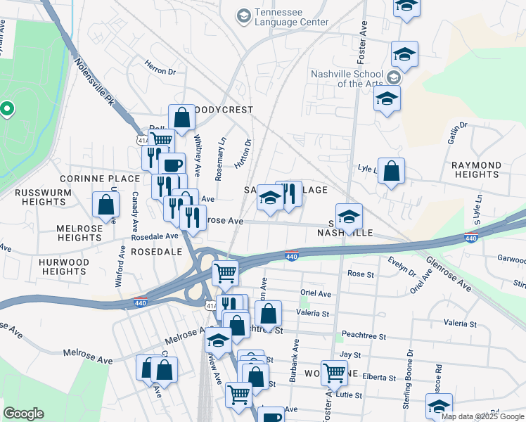 map of restaurants, bars, coffee shops, grocery stores, and more near 2155 Sadler Avenue in Nashville