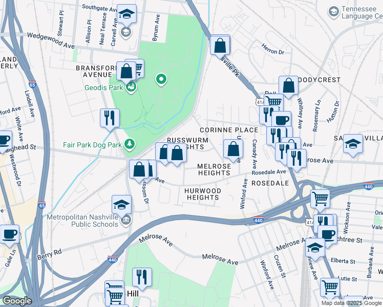 map of restaurants, bars, coffee shops, grocery stores, and more near 511 Southern Turf Drive in Nashville