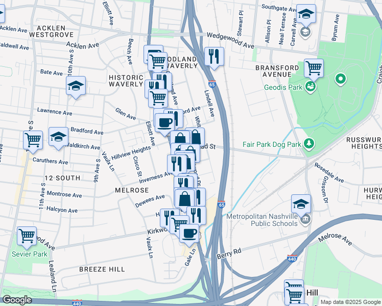 map of restaurants, bars, coffee shops, grocery stores, and more near 607 Craighead Street in Nashville