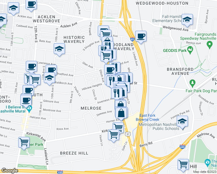 map of restaurants, bars, coffee shops, grocery stores, and more near 2405 8th Avenue South in Nashville