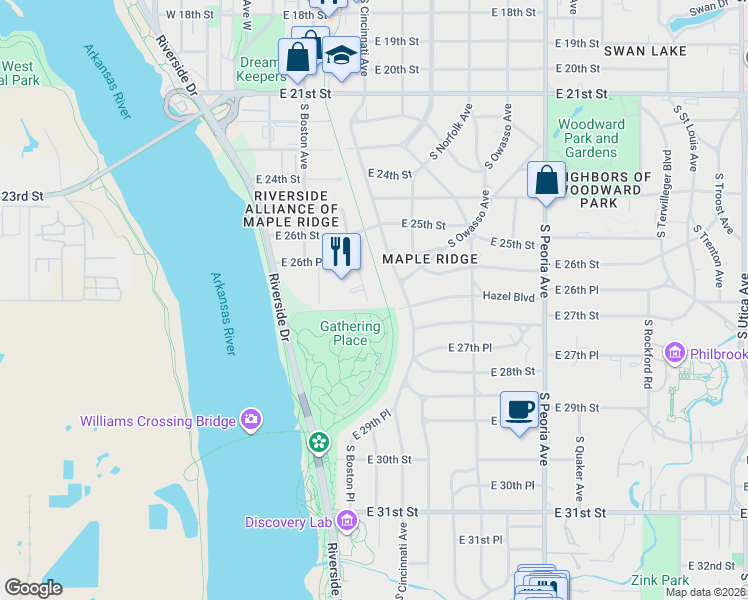 map of restaurants, bars, coffee shops, grocery stores, and more near 142 East 26th Court in Tulsa