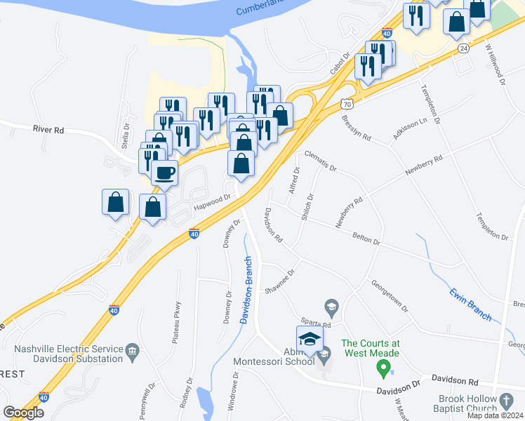 map of restaurants, bars, coffee shops, grocery stores, and more near 1229 Davidson Road in Nashville