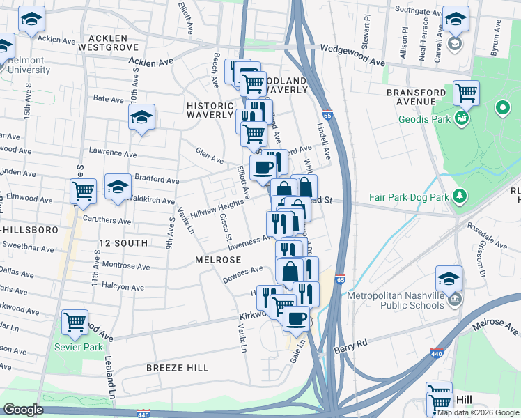 map of restaurants, bars, coffee shops, grocery stores, and more near 2405 8th Avenue South in Nashville