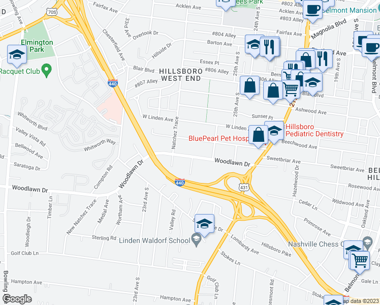 map of restaurants, bars, coffee shops, grocery stores, and more near 2702 Woodlawn Drive in Nashville