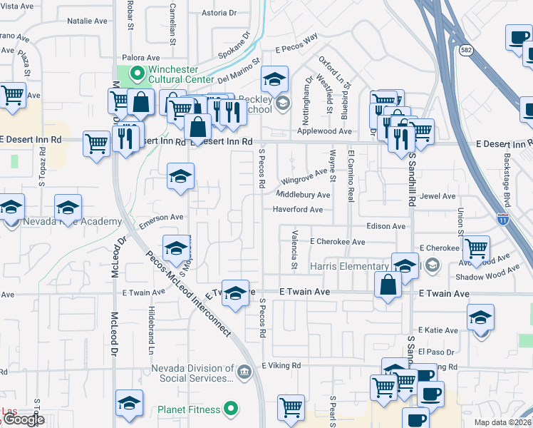 map of restaurants, bars, coffee shops, grocery stores, and more near 3510 Kensbrook Street in Las Vegas