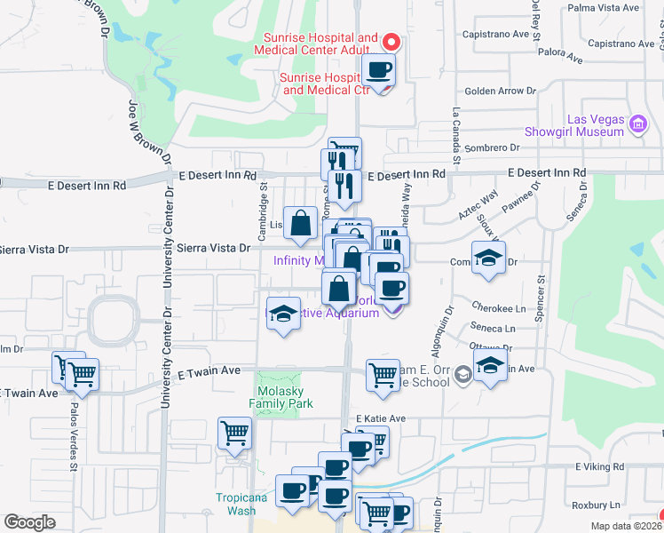map of restaurants, bars, coffee shops, grocery stores, and more near 3501 South Maryland Parkway in Las Vegas