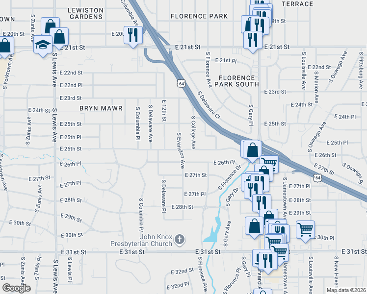 map of restaurants, bars, coffee shops, grocery stores, and more near 2550 South Evanston Avenue in Tulsa