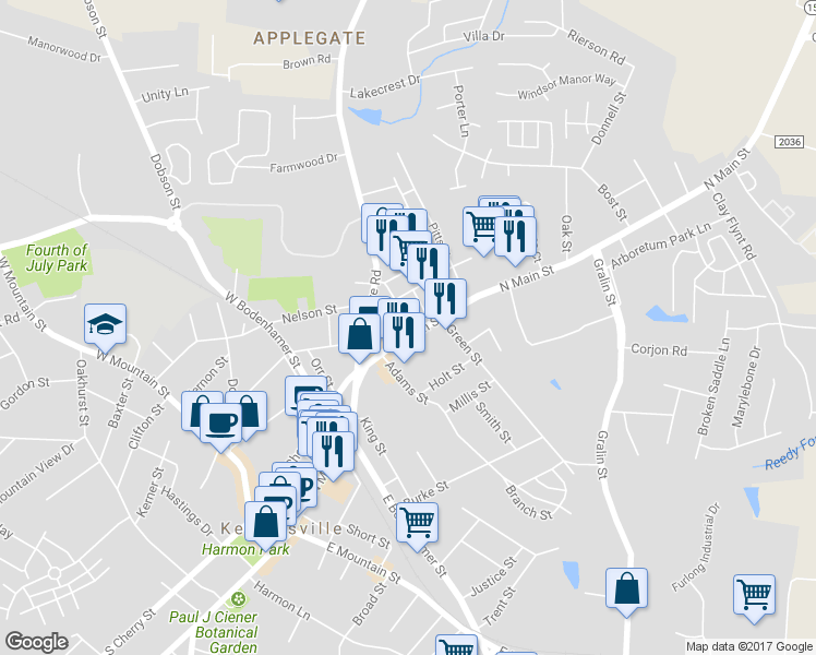 map of restaurants, bars, coffee shops, grocery stores, and more near 417 North Main Street in Kernersville