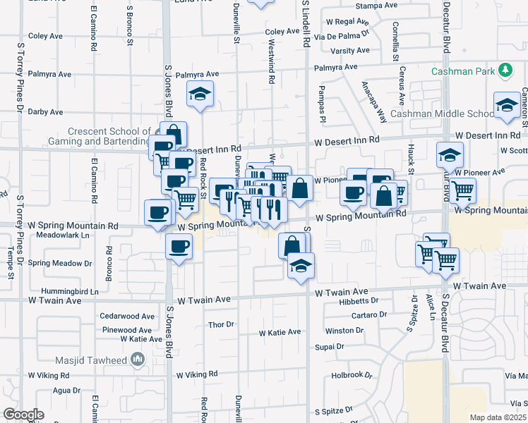 map of restaurants, bars, coffee shops, grocery stores, and more near 5700 Spring Mountain Rd in Las Vegas