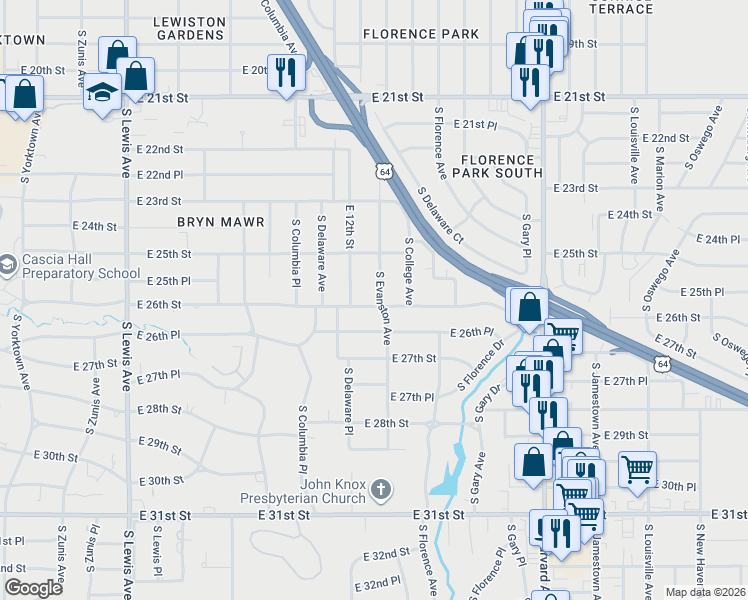 map of restaurants, bars, coffee shops, grocery stores, and more near 2550 South Evanston Avenue in Tulsa