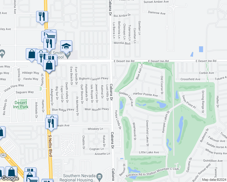 map of restaurants, bars, coffee shops, grocery stores, and more near 3400 Cabana Drive in Las Vegas