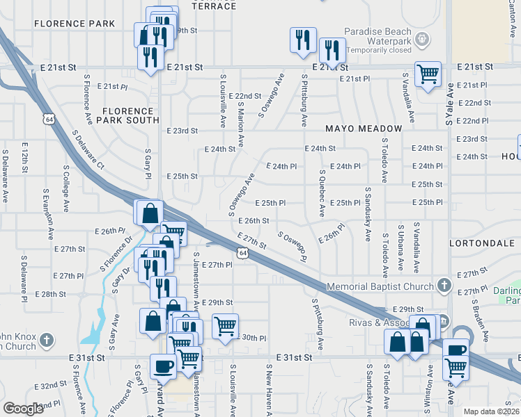 map of restaurants, bars, coffee shops, grocery stores, and more near 4039 East 26th Street in Tulsa