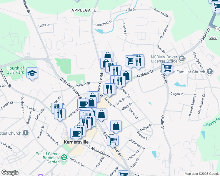 map of restaurants, bars, coffee shops, grocery stores, and more near 417 North Carolina 150 in Kernersville