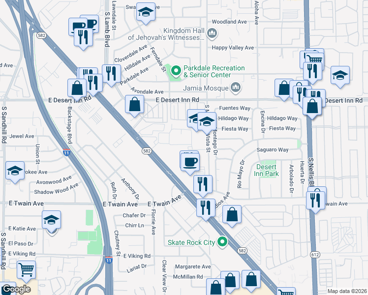 map of restaurants, bars, coffee shops, grocery stores, and more near 4375 Boulder Highway in Las Vegas
