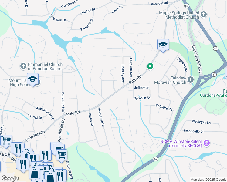 map of restaurants, bars, coffee shops, grocery stores, and more near 2521 Polo Road in Winston-Salem